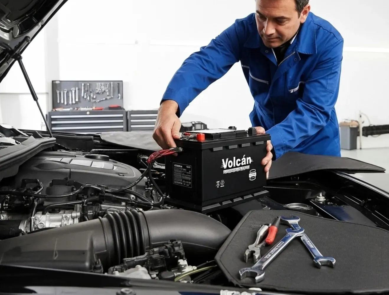 Our service at work Technician fitting a Volcan battery