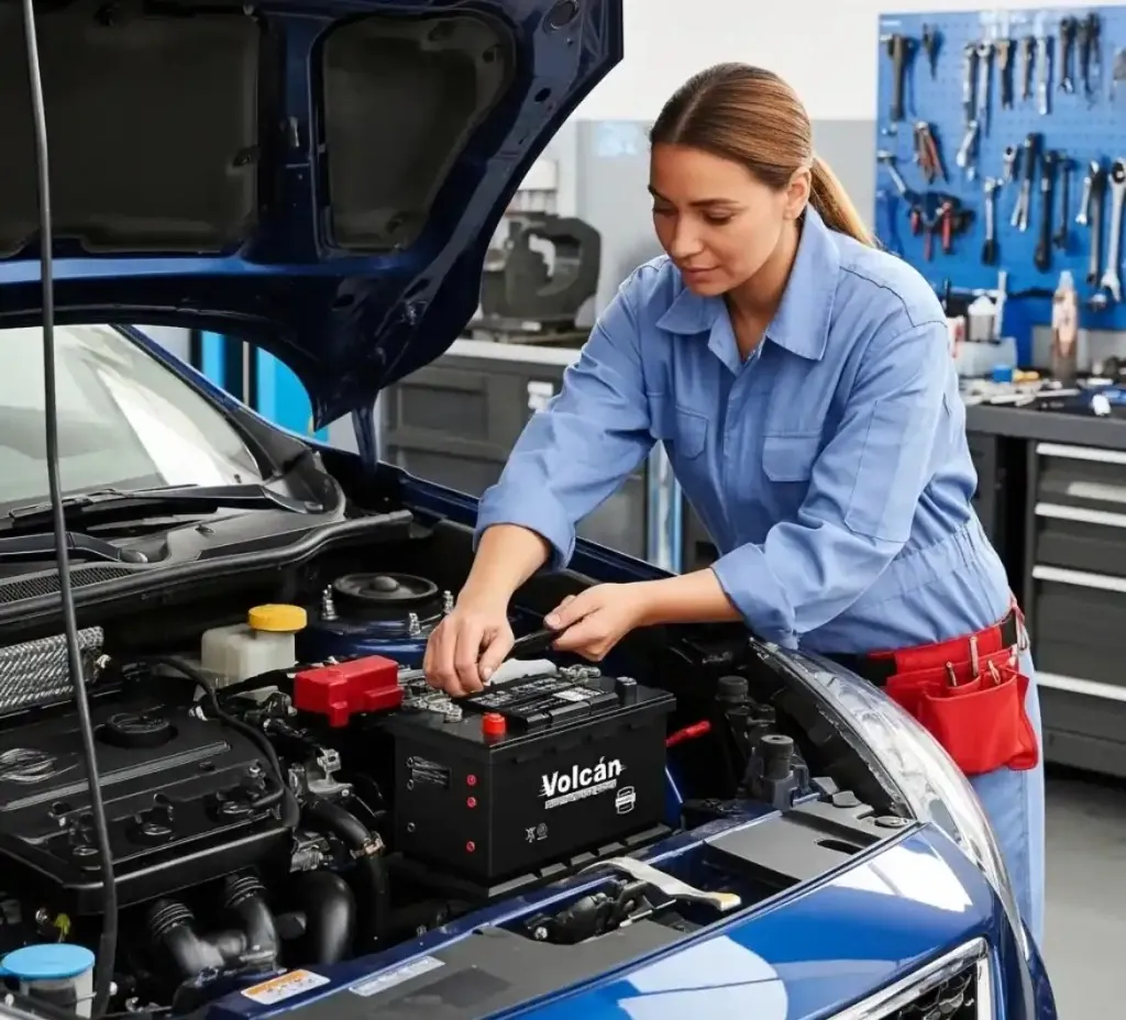 Start to finish Technician in a blue shirt installing a Volcan battery