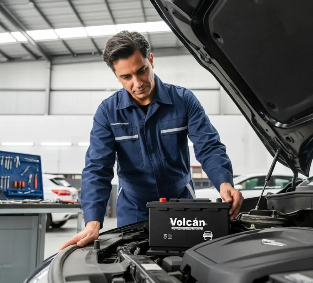 What our service brings Technician setting a Volcan battery into a car