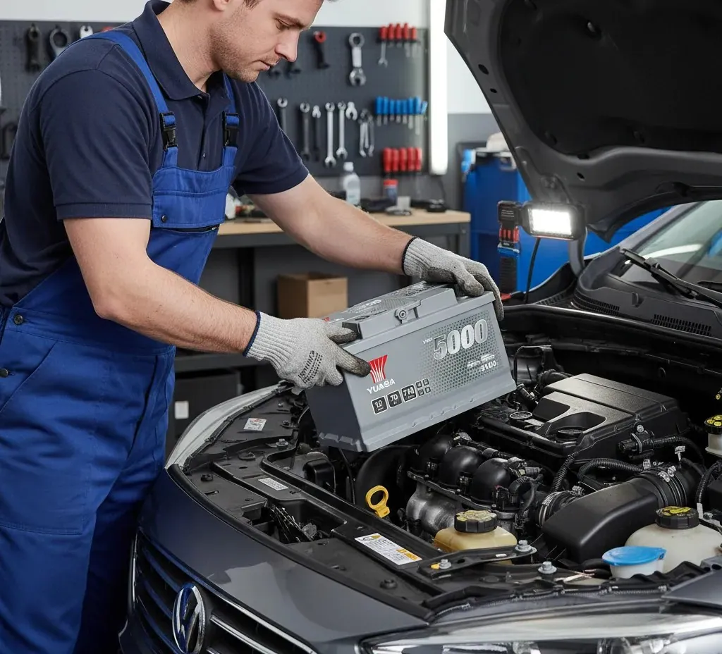 Five steps Technician fitting a Yuasa battery