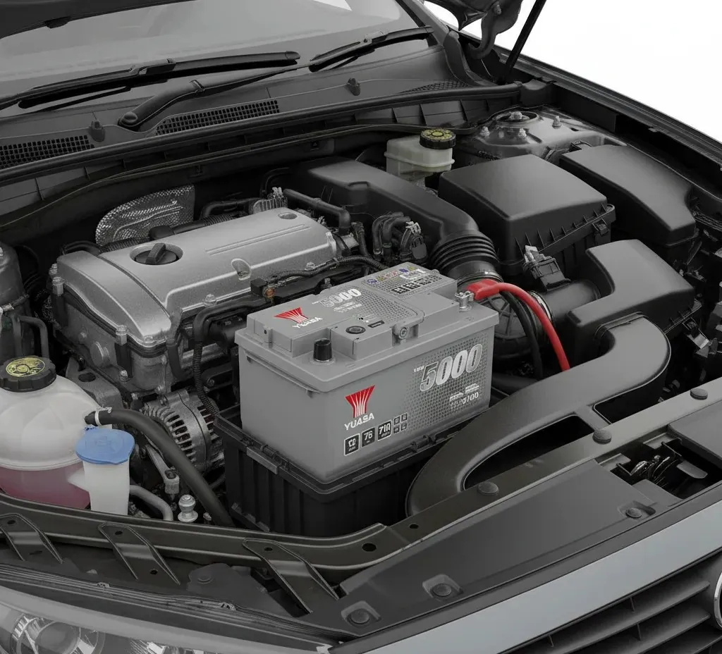 A fresh battery in place Yuasa battery installed in an engine bay
