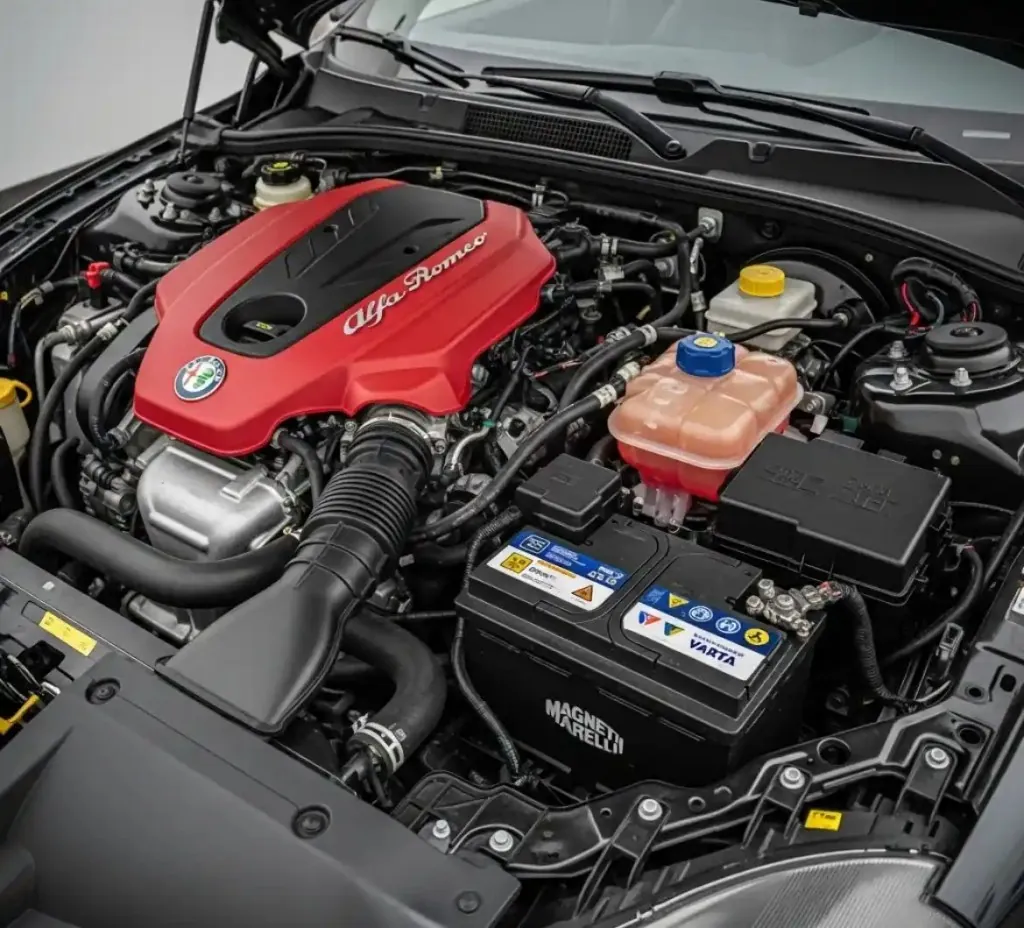 What Alfa Romeo owners get from us Alfa Romeo engine bay with the battery beside the red engine cover