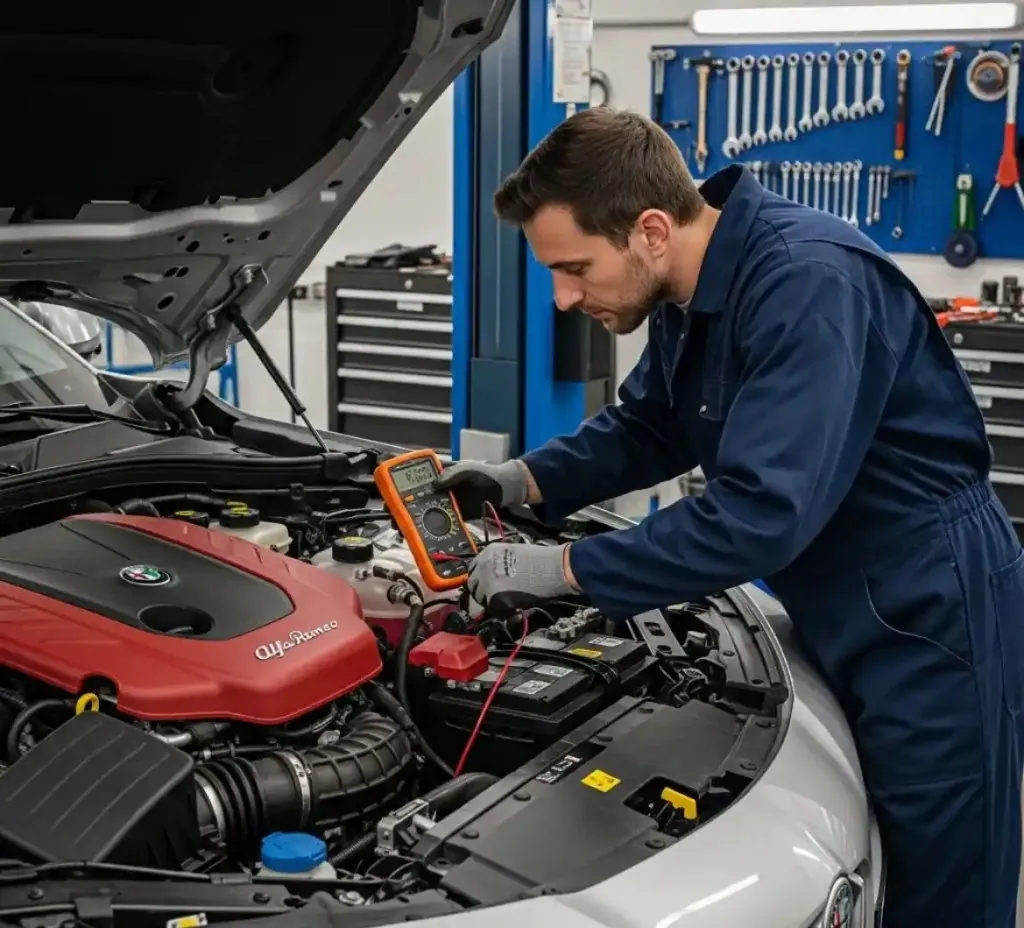 Alfa Romeo battery work at your location Technician checking a red-engined Alfa Romeo with a multimeter