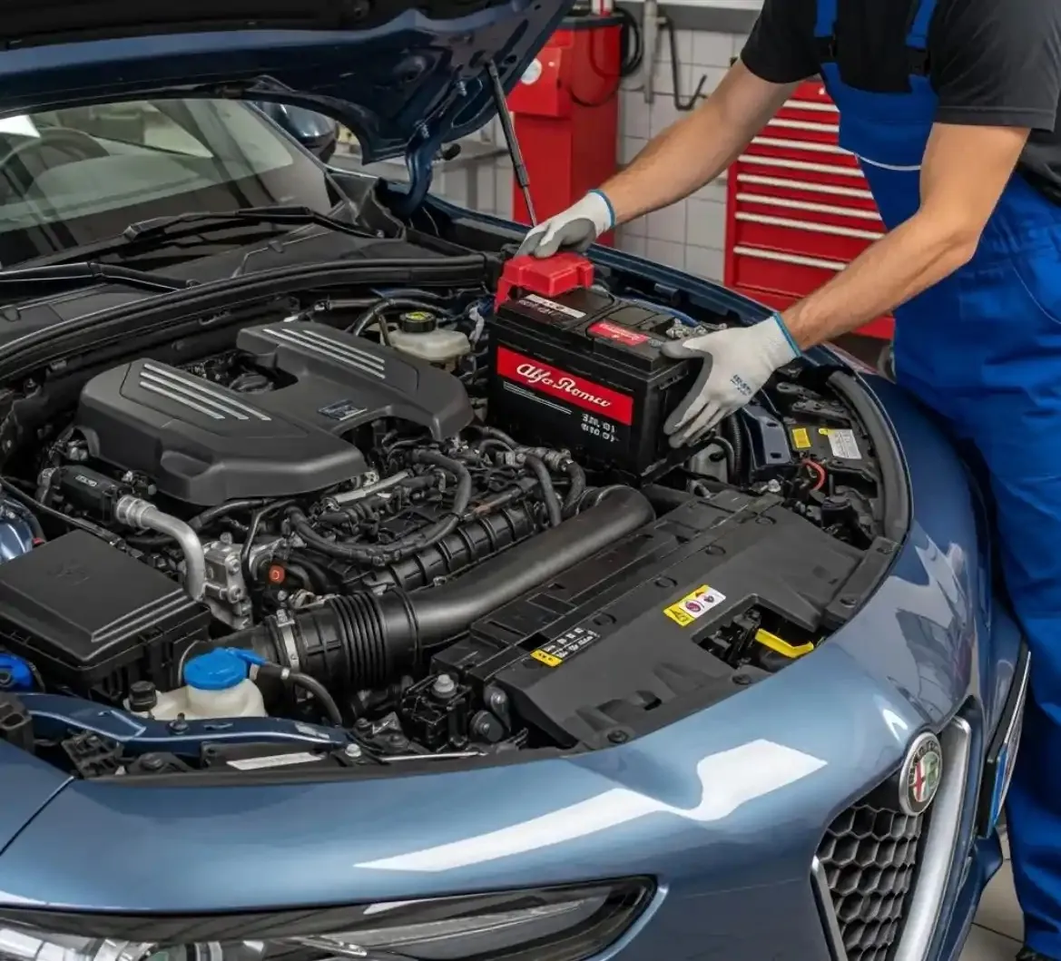 A closer look at the Alfa Romeo Technician lifting a battery out of a blue Alfa Romeo