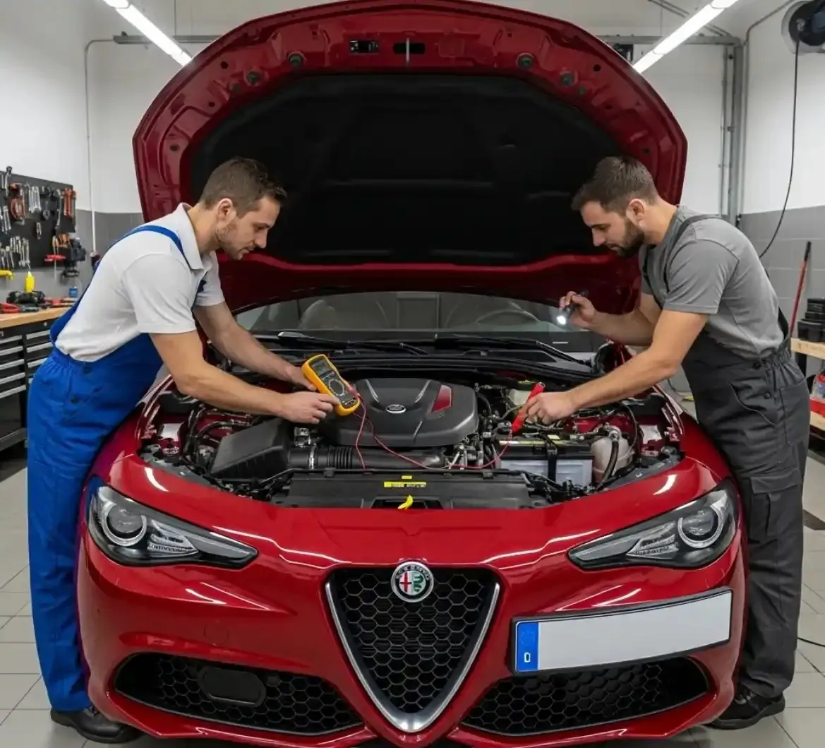 Checking a Alfa Romeo battery Two technicians testing the battery on a red Alfa Romeo