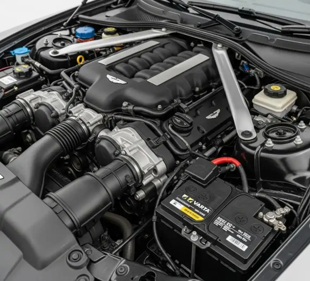 Battery service for the Aston Martin Aston Martin V12 engine bay with its battery in view