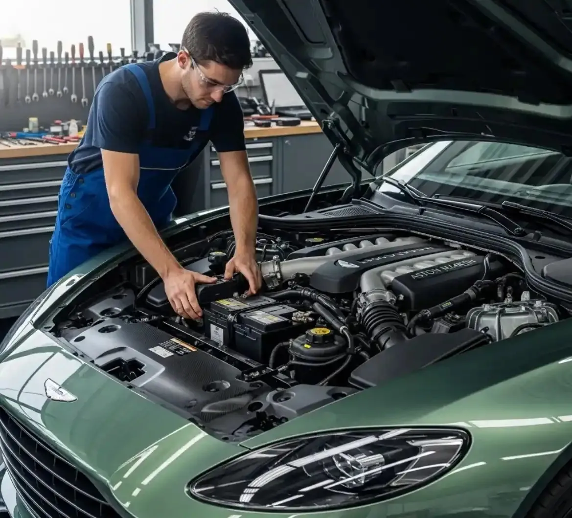 Testing before anything is replaced Technician fitting a battery to a green Aston Martin