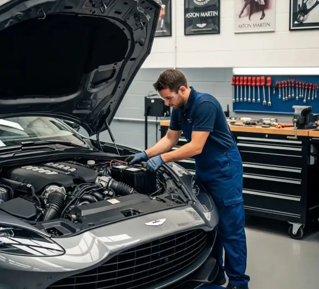 Why Aston Martin drivers call us Technician working under the open bonnet of an Aston Martin