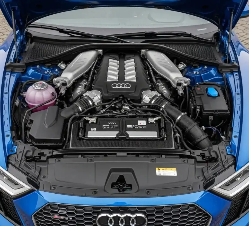 Before the work starts on a Audi Audi V8 engine bay on a blue car with the battery in view