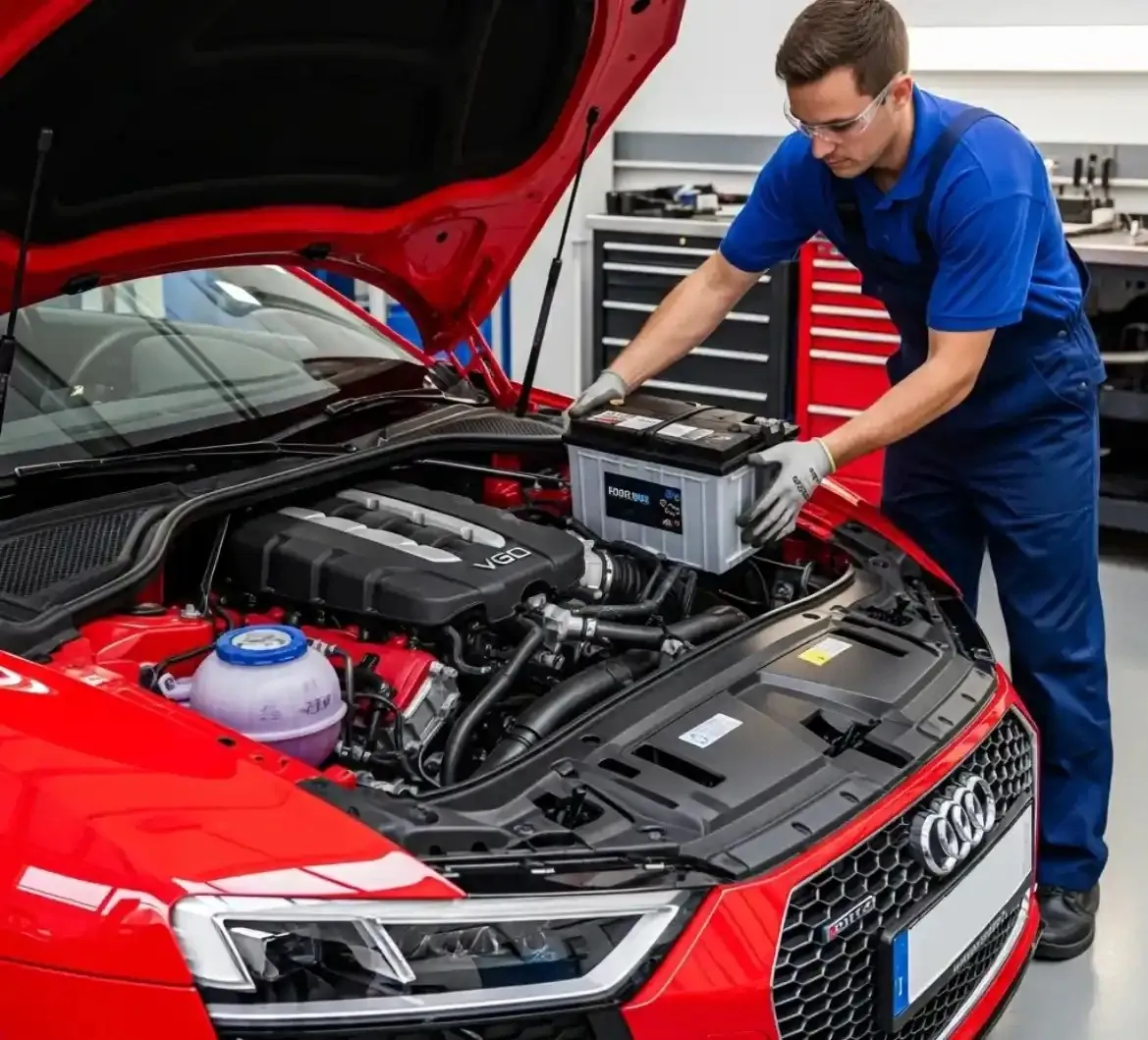 Our team on a Audi Technician lifting a battery into a red Audi