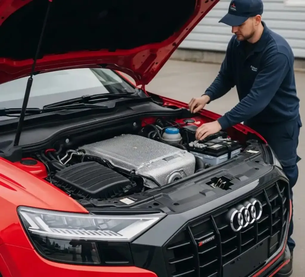 On site with a Audi Technician working on the battery of a black and red Audi