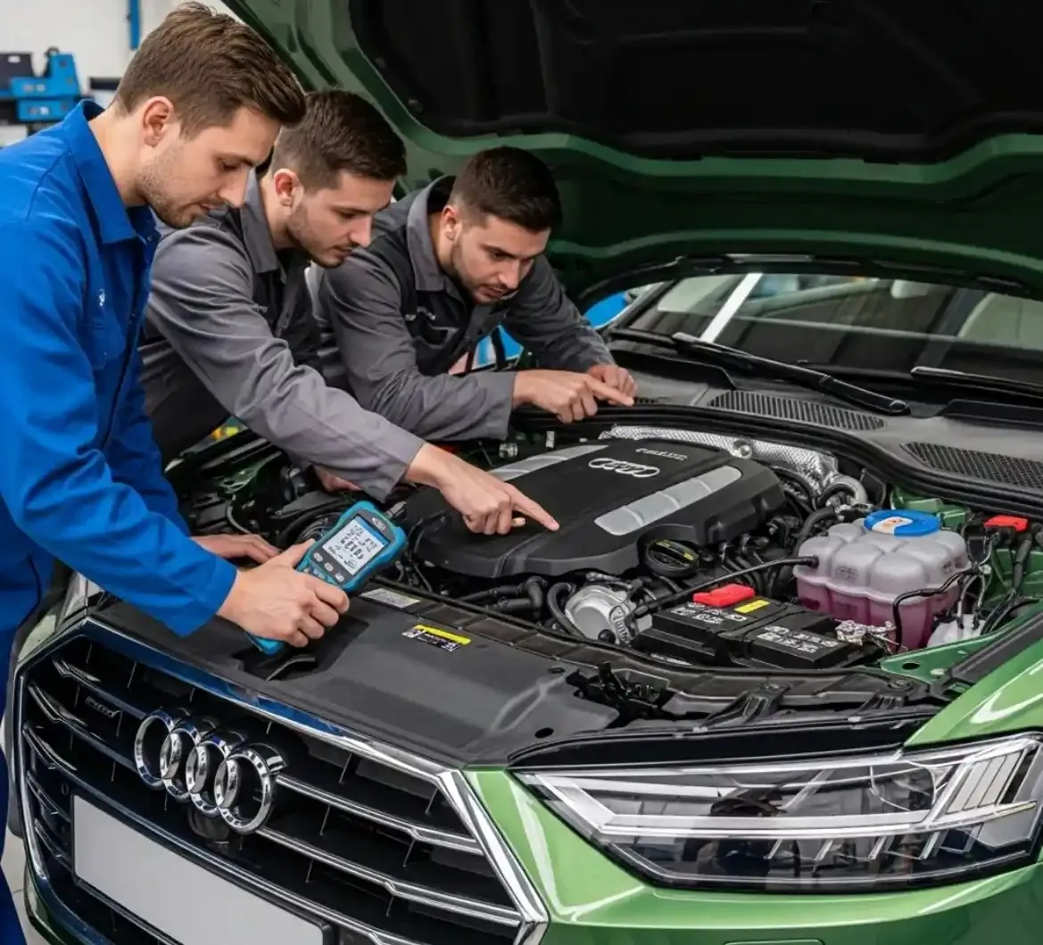 Finding the fault on a Audi Three technicians running a diagnostic on a green Audi