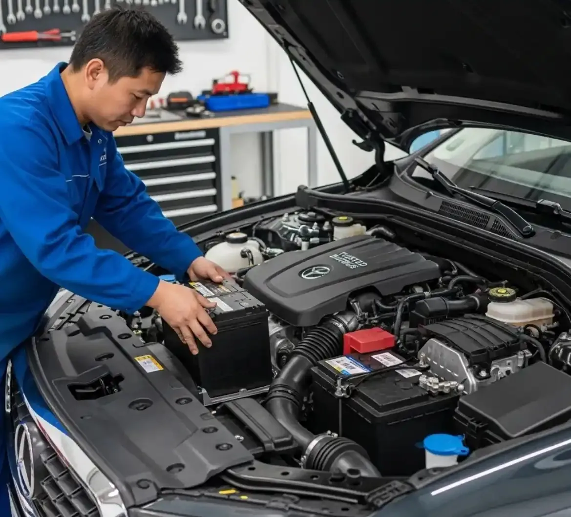 Care that Brabus owners expect Technician fitting a battery to a Brabus in a workshop
