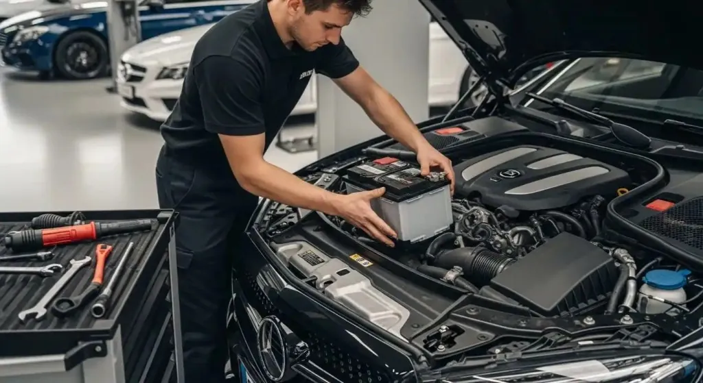 A Brabus looked after where it is parked Technician fitting a battery to a Brabus under a raised bonnet