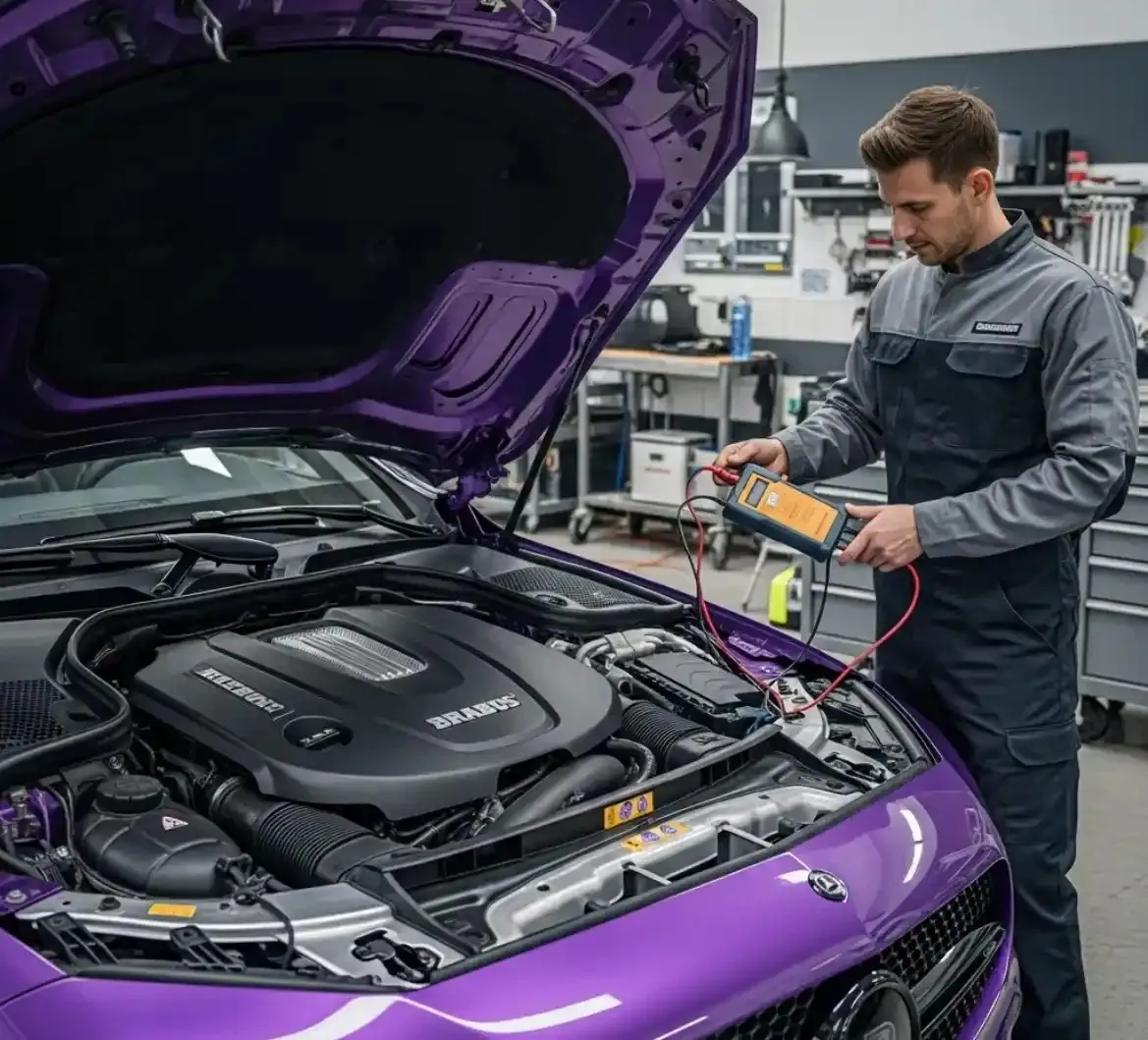 A Brabus battery under test Technician testing the battery of a purple Brabus with a multimeter