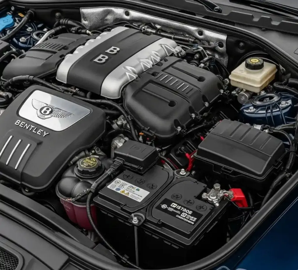 A closer look at the Bentley Bentley W12 engine bay with the battery beside it