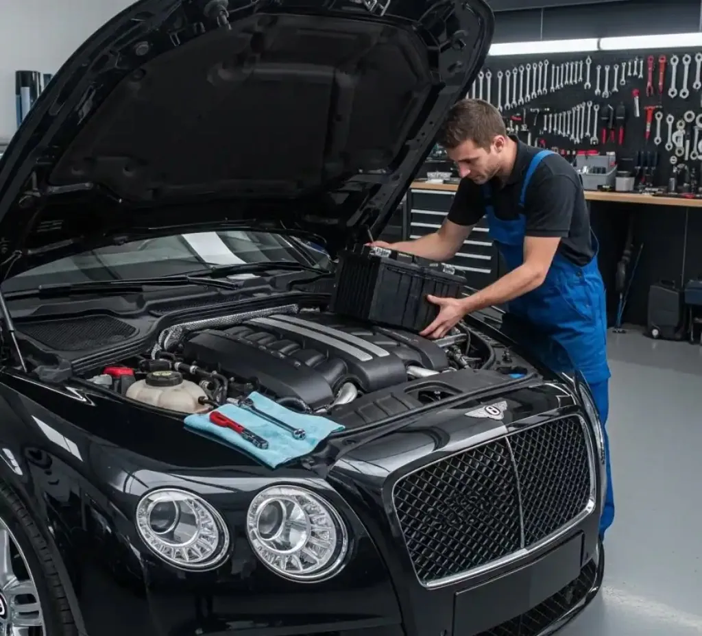 Bentley battery work at your location Technician fitting a battery to a black Bentley