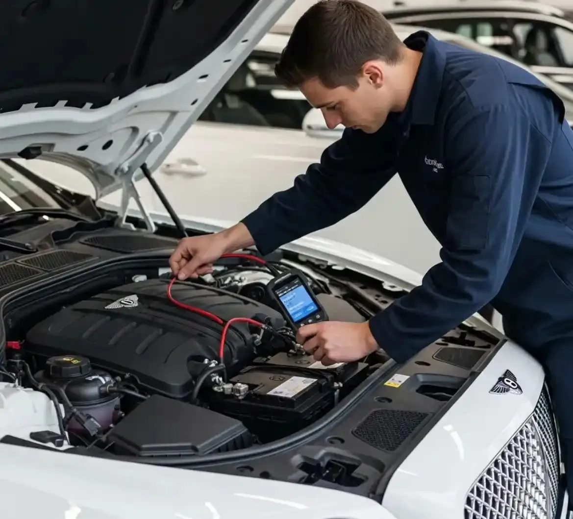 Checking a Bentley battery Technician testing the battery of a white Bentley