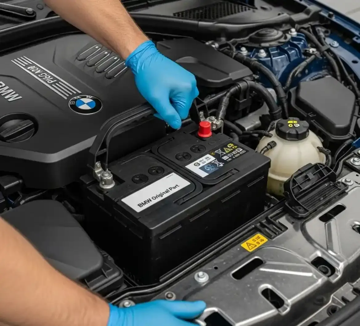 The BMW and its battery Gloved hands fitting a battery in a BMW engine bay