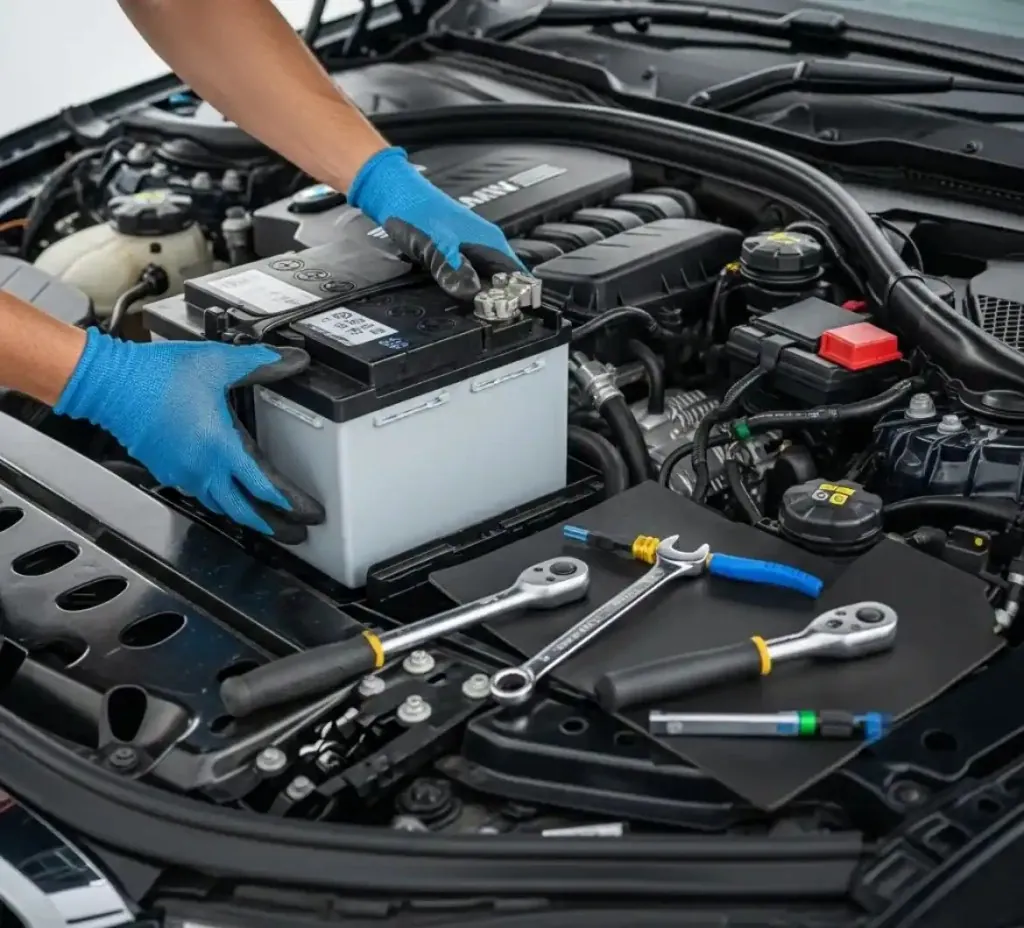 Why BMW drivers call us Gloved hands setting a new battery into a BMW beside the tools