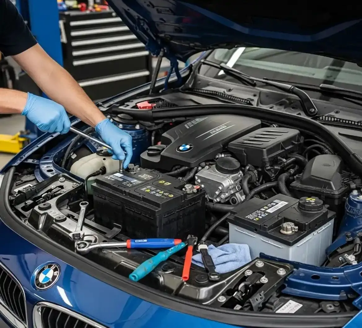 Testing before anything is replaced Gloved hands working on the battery of a blue BMW