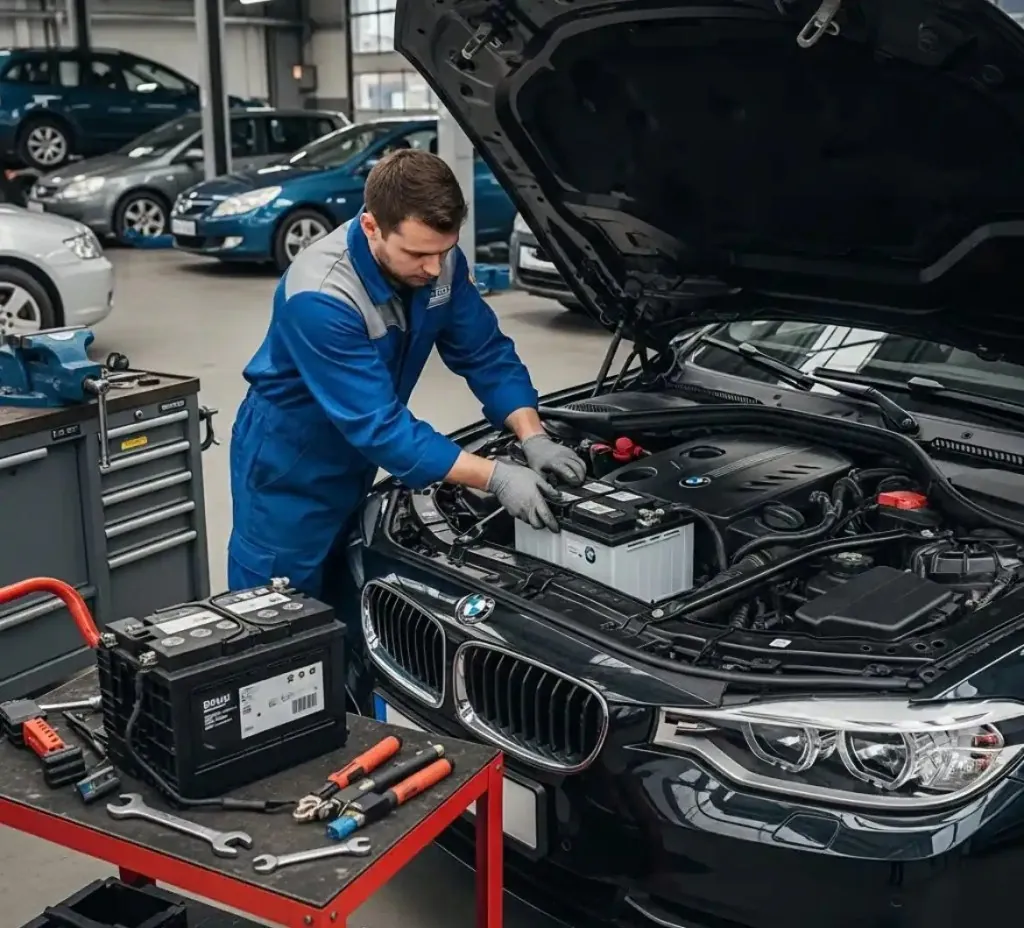 Battery service for the BMW Technician fitting a battery to a black BMW in a workshop