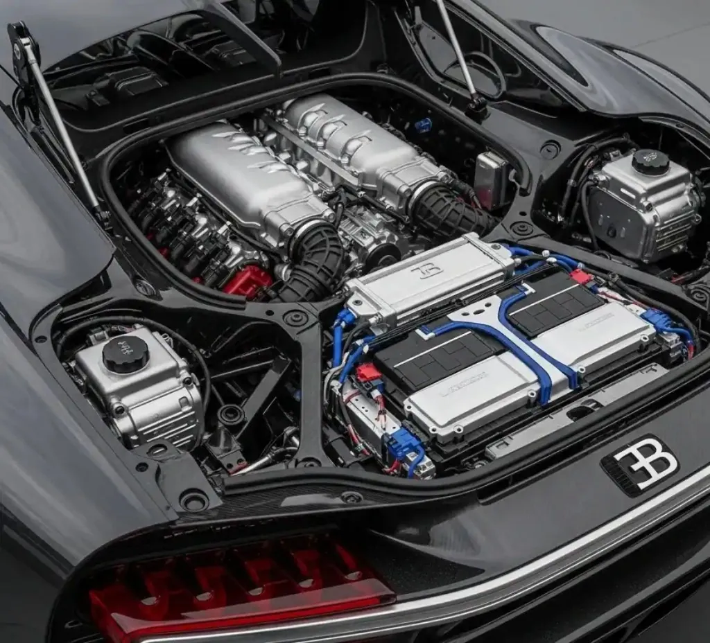 Our team on a Bugatti Bugatti engine bay with its battery packs in view