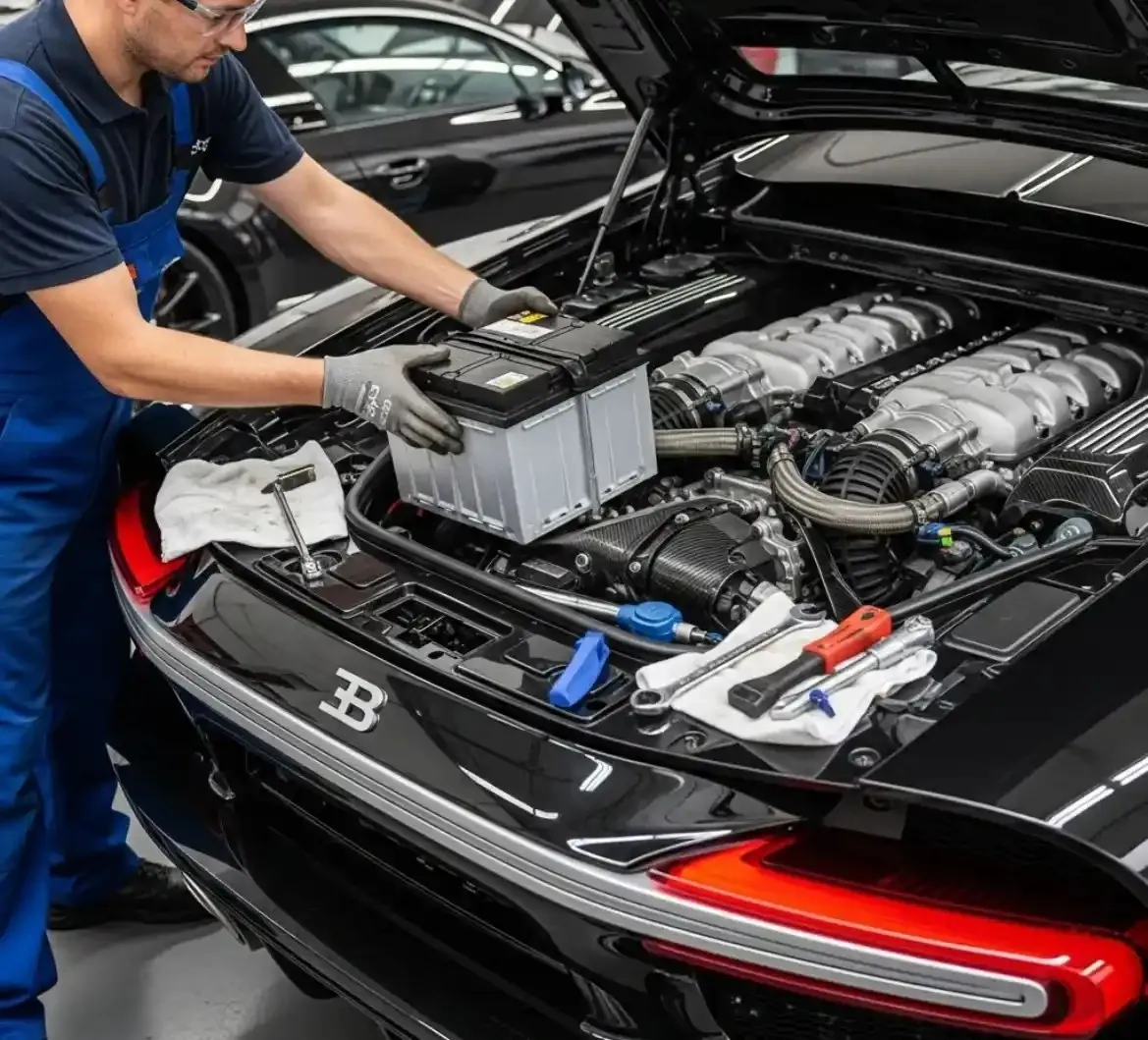 Before the work starts on a Bugatti Technician lifting a battery into a Bugatti