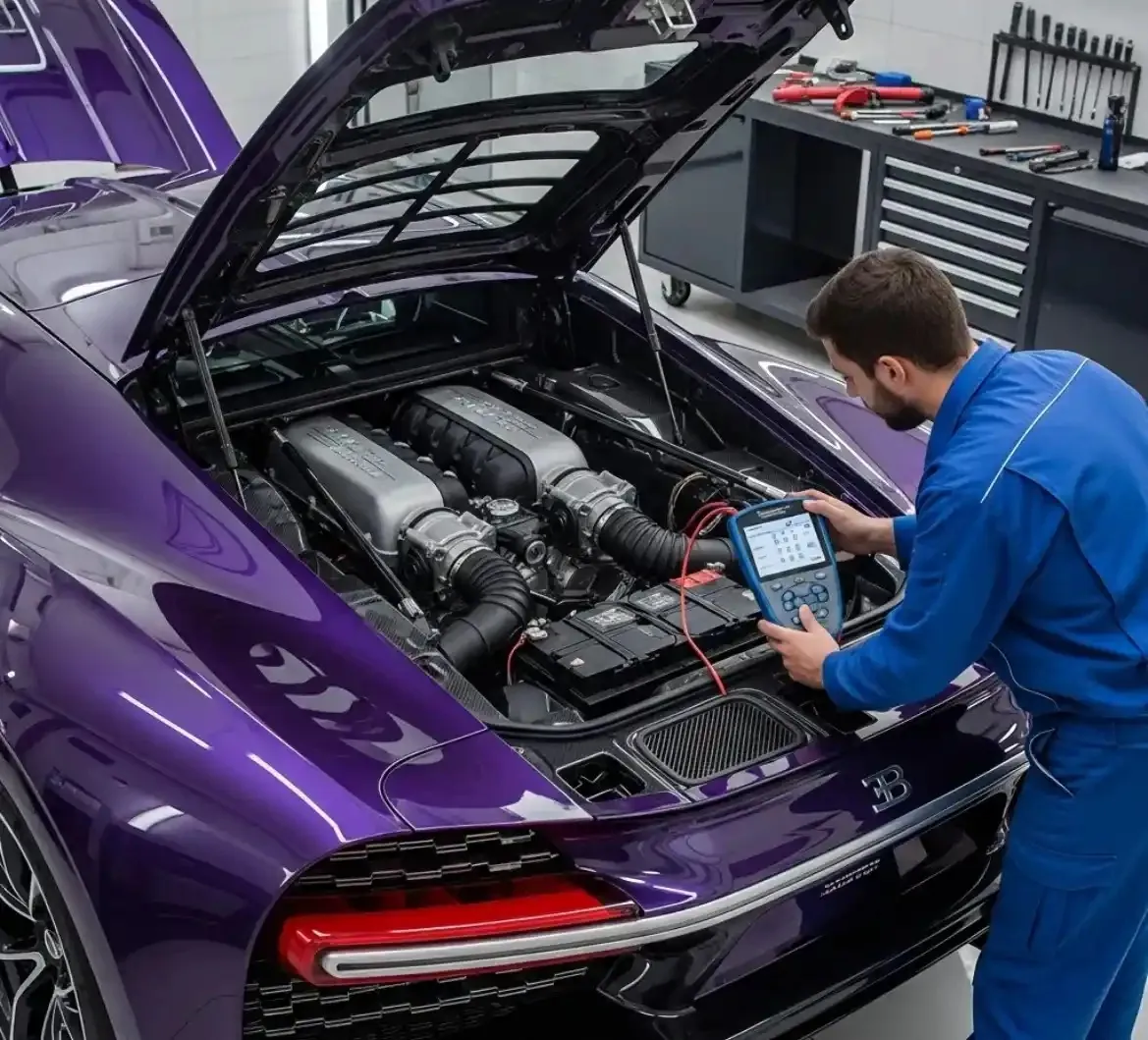 Finding the fault on a Bugatti Technician running a diagnostic on a purple Bugatti