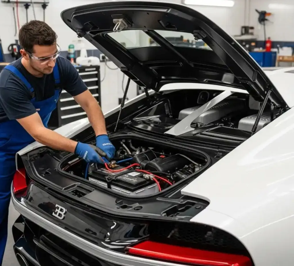 On site with a Bugatti Technician working on the battery of a white Bugatti