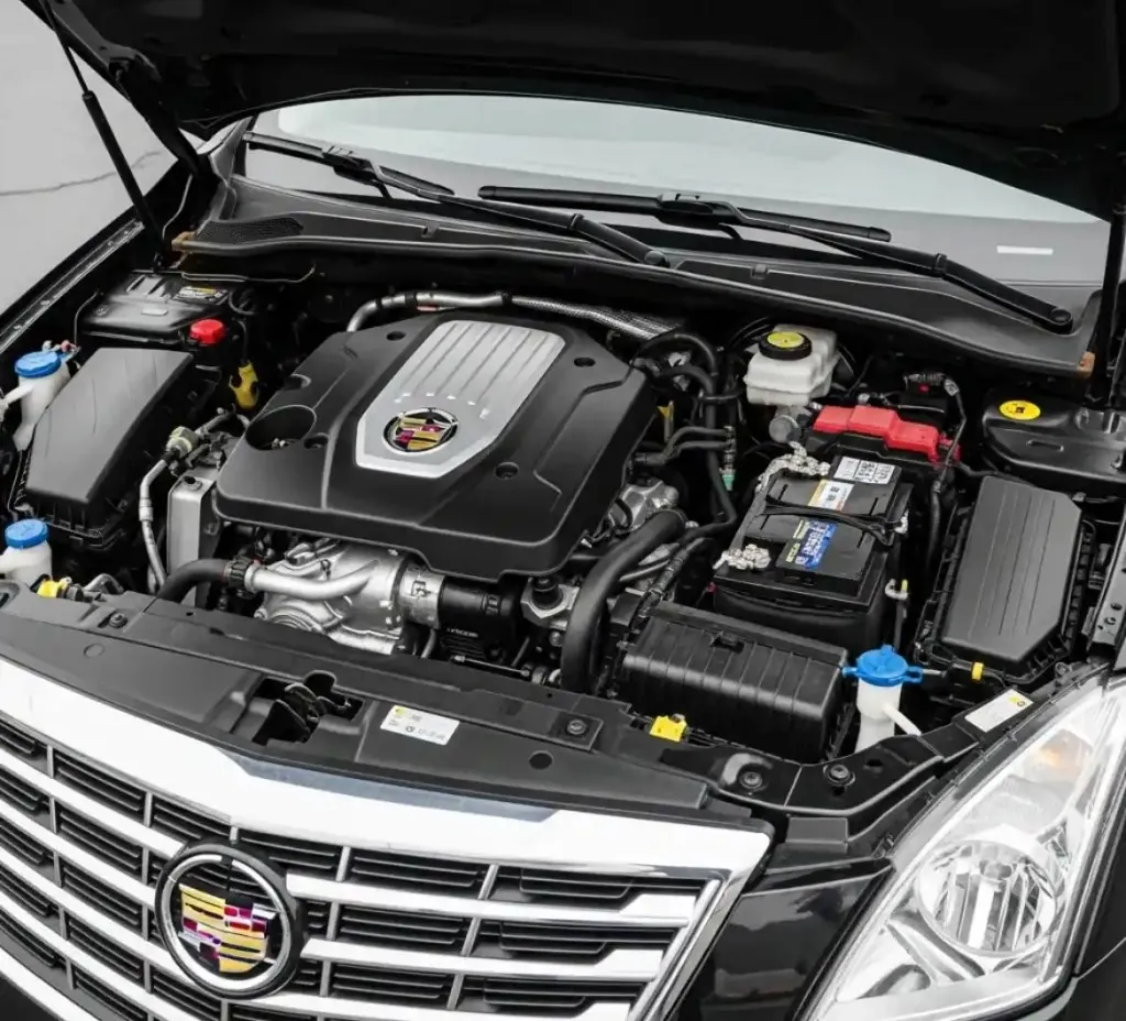 Cadillac engine bay with the battery beside the engine