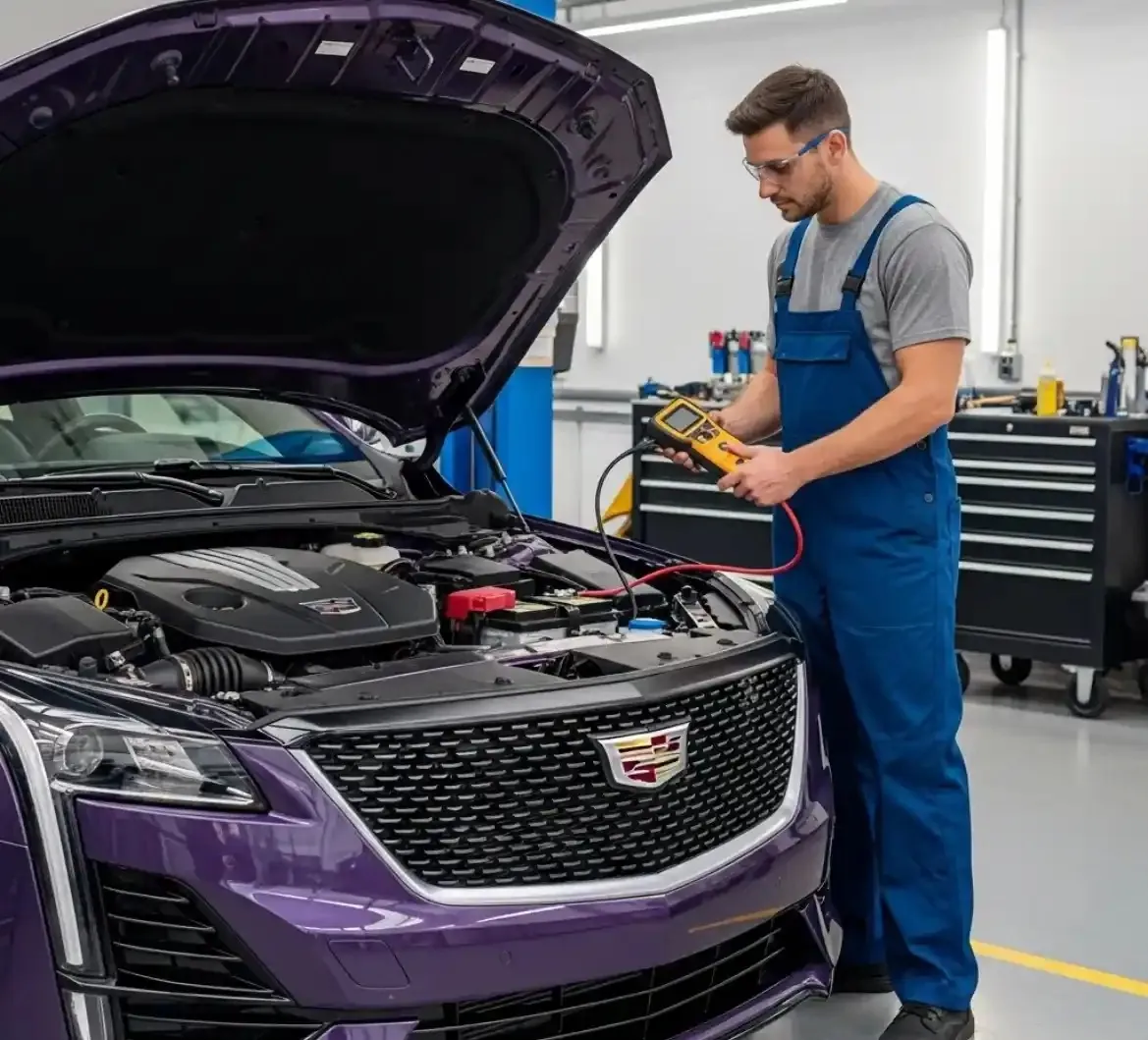 Technician checking a Cadillac battery with a multimeter