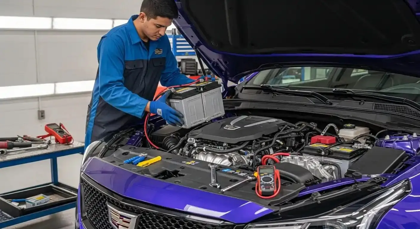Technician testing a purple Cadillac with a multimeter