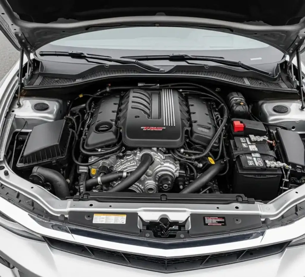 A closer look at the Camaro Camaro V8 engine bay with the battery in view