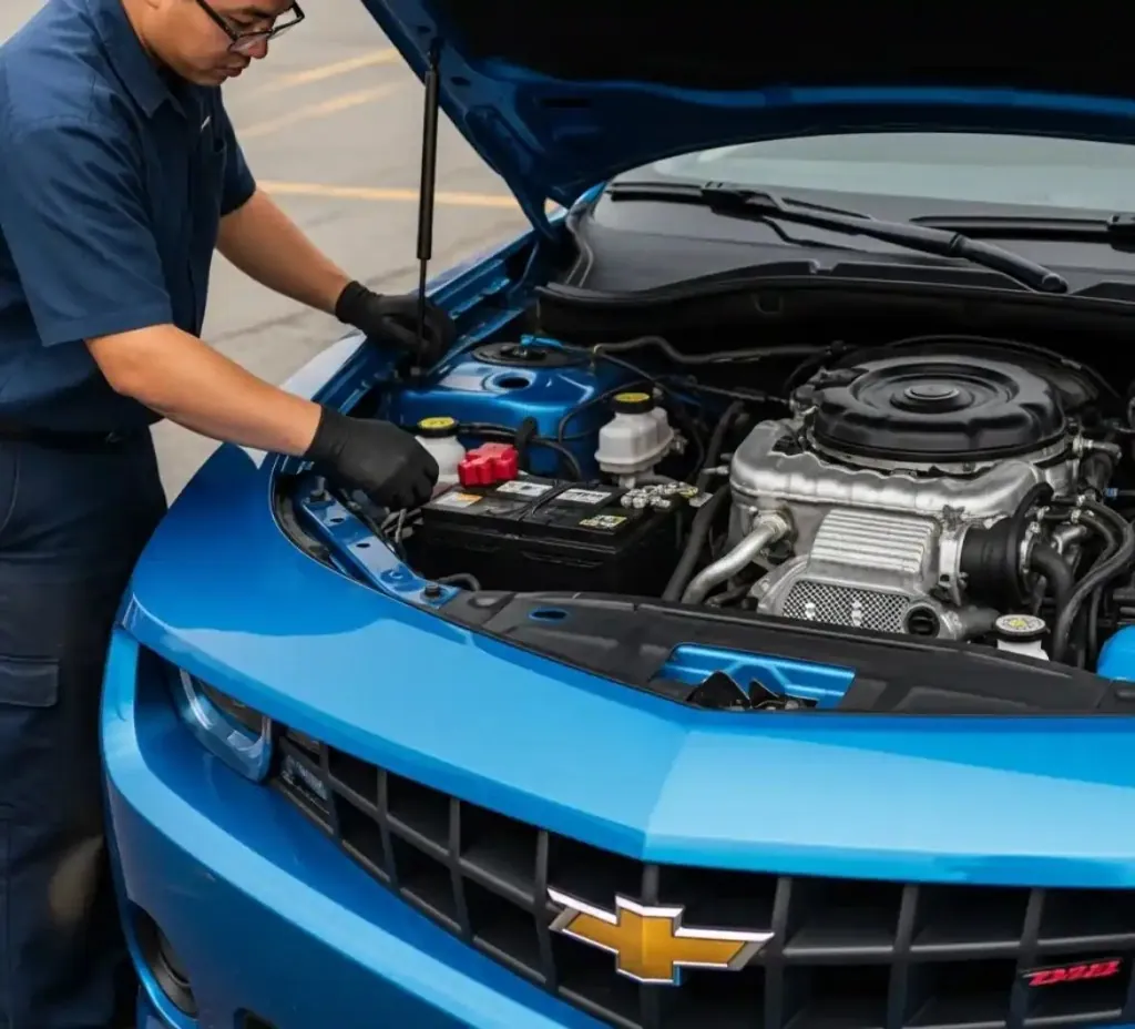 Camaro battery work at your location Technician fitting a battery to a blue Camaro