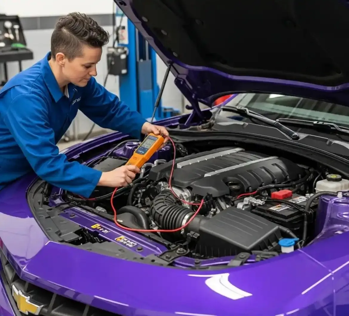 Checking a Camaro battery Technician testing the battery of a purple Camaro