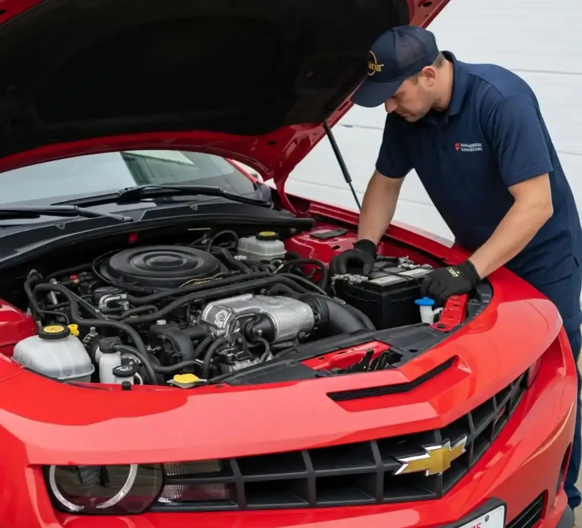 What Camaro owners get from us Technician working on the battery of a red Camaro