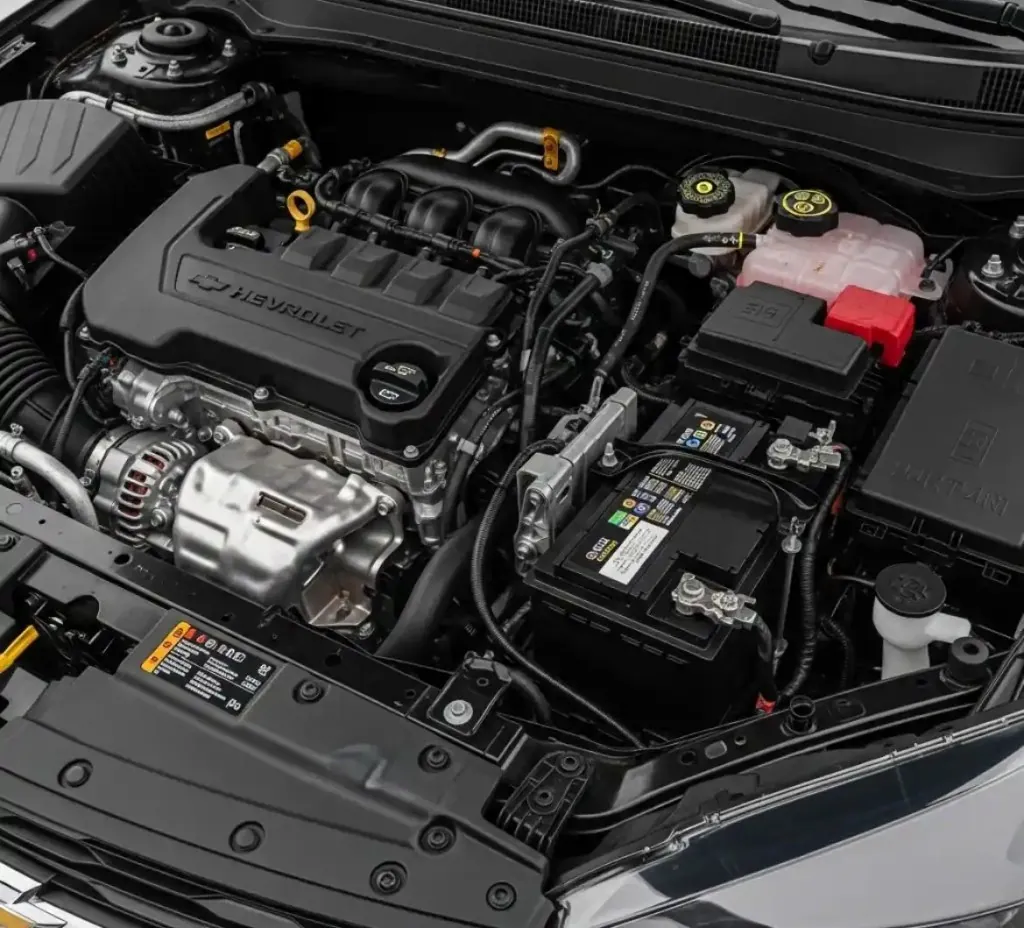 Chevrolet engine bay with the battery in view