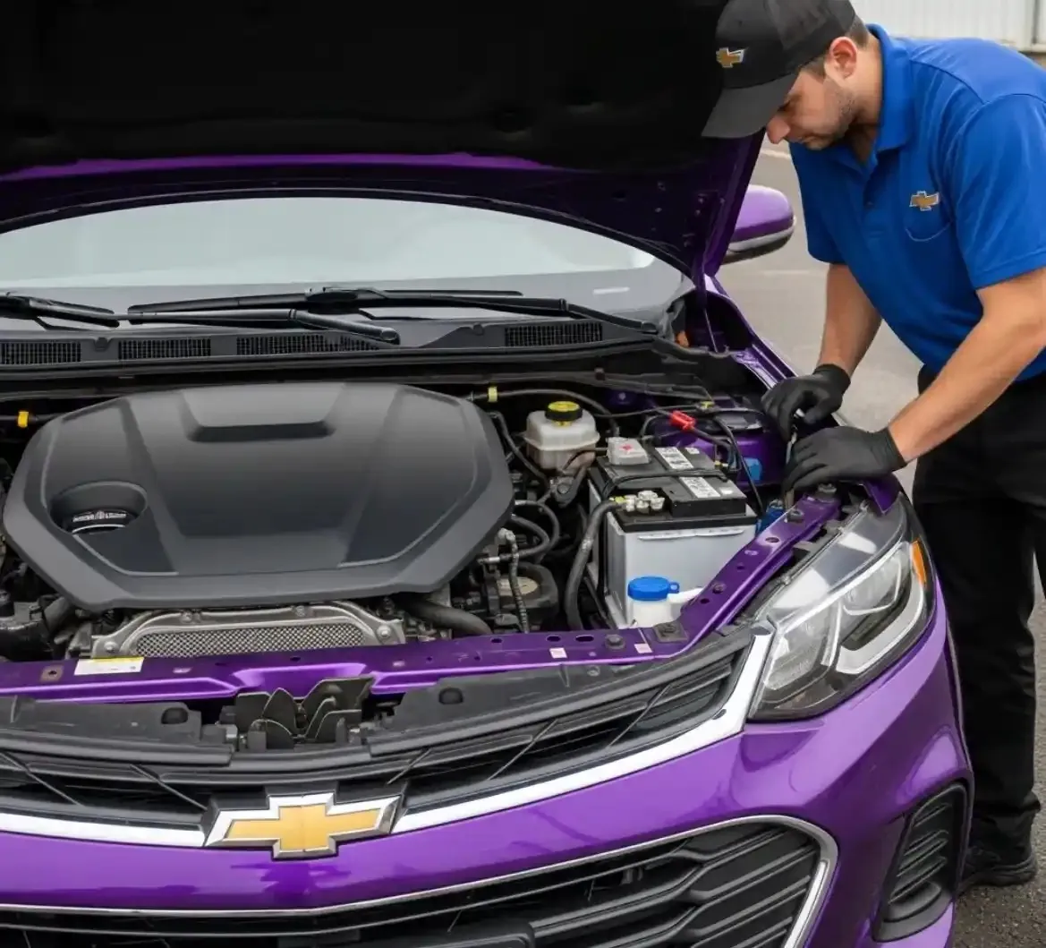 Technician working under the bonnet of a purple Chevrolet