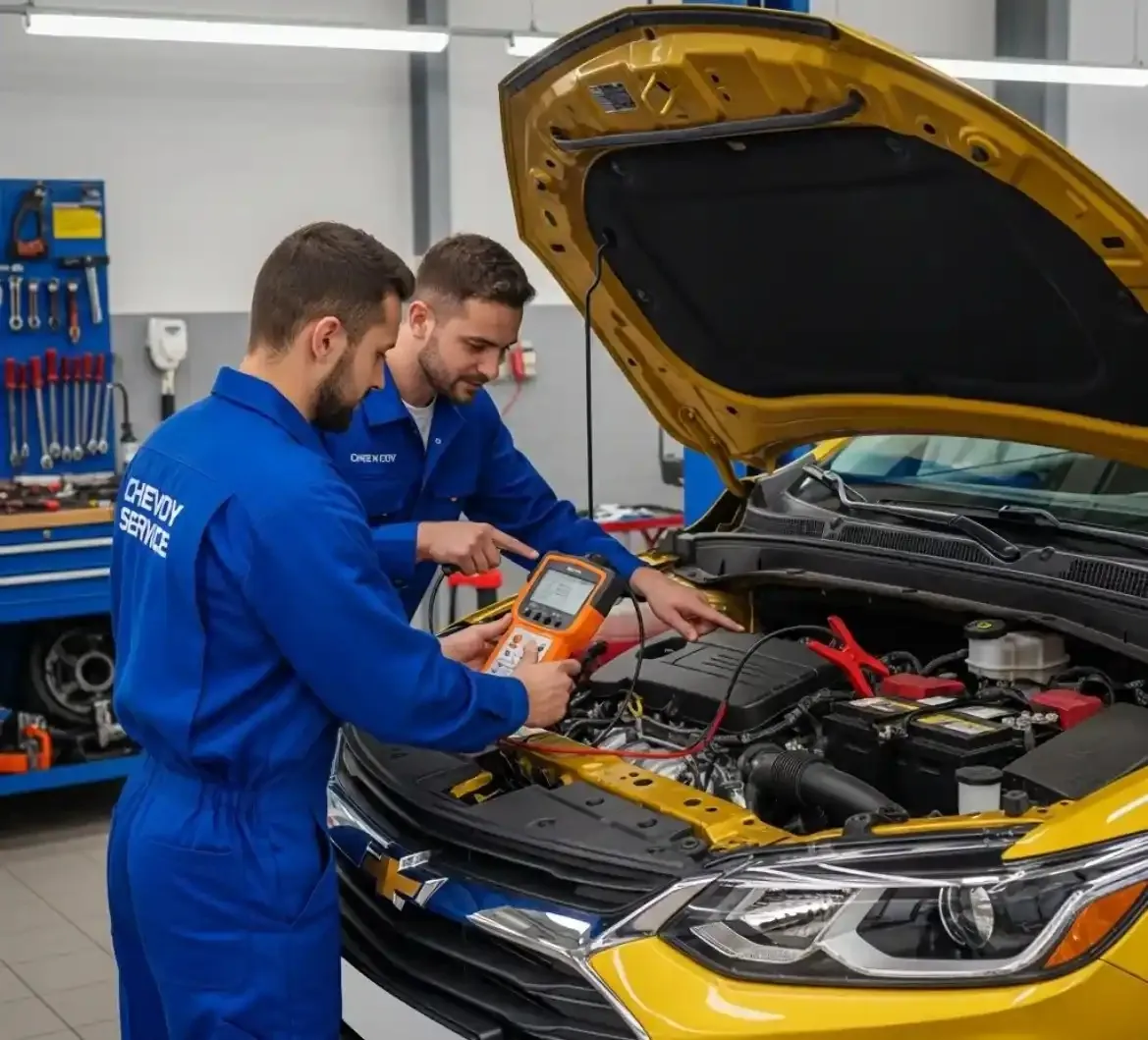 Two technicians testing a yellow Chevrolet's battery