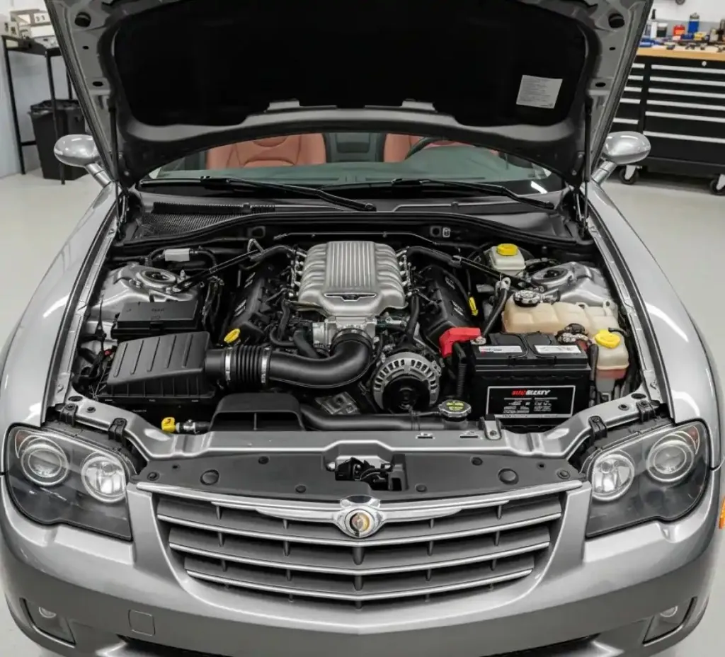 Before the work starts on a Chrysler Silver Chrysler with its bonnet open in a workshop