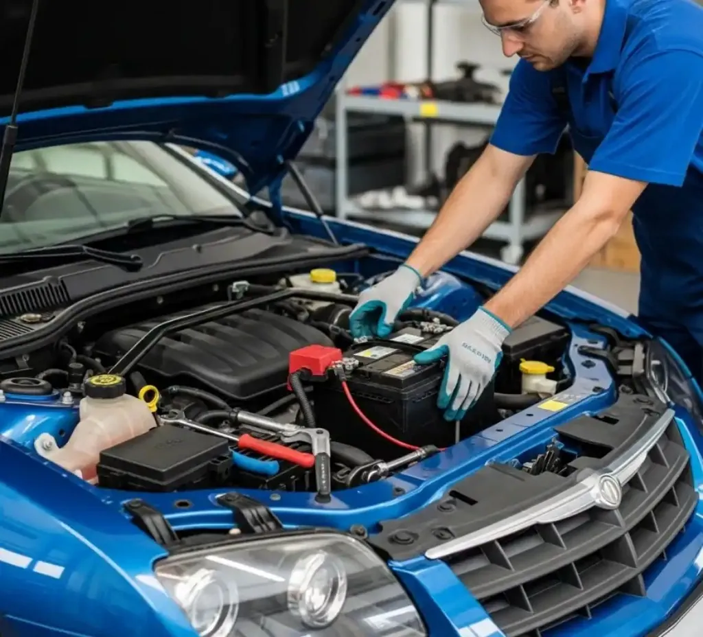 On site with a Chrysler Technician fitting a battery to a blue Chrysler