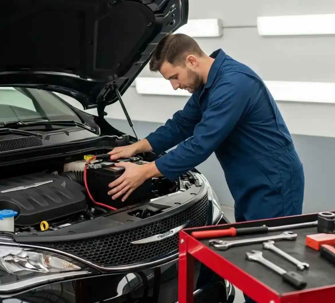 Our team on a Chrysler Technician working on the battery of a black Chrysler