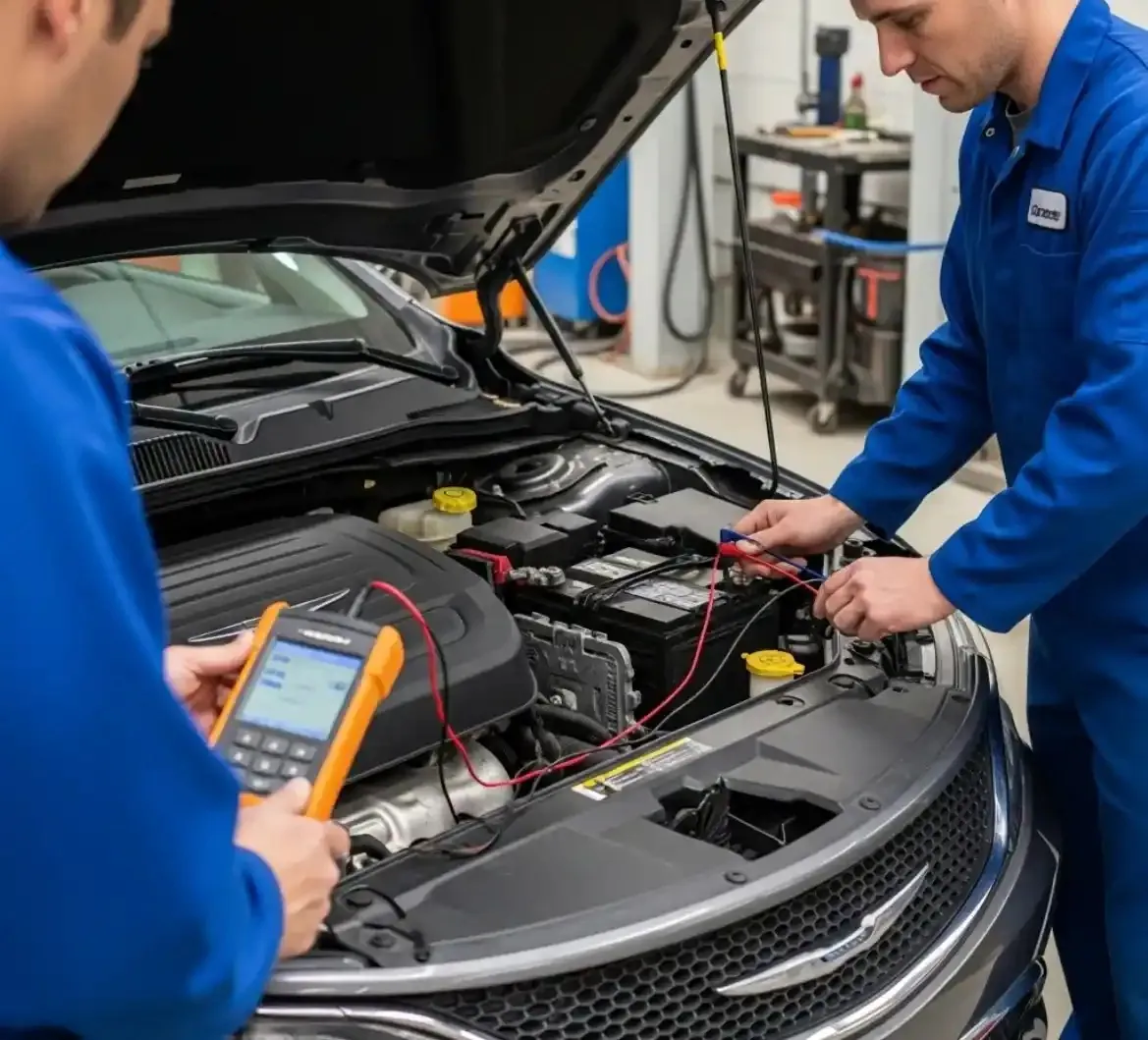 Finding the fault on a Chrysler Technicians testing a Chrysler battery with a multimeter