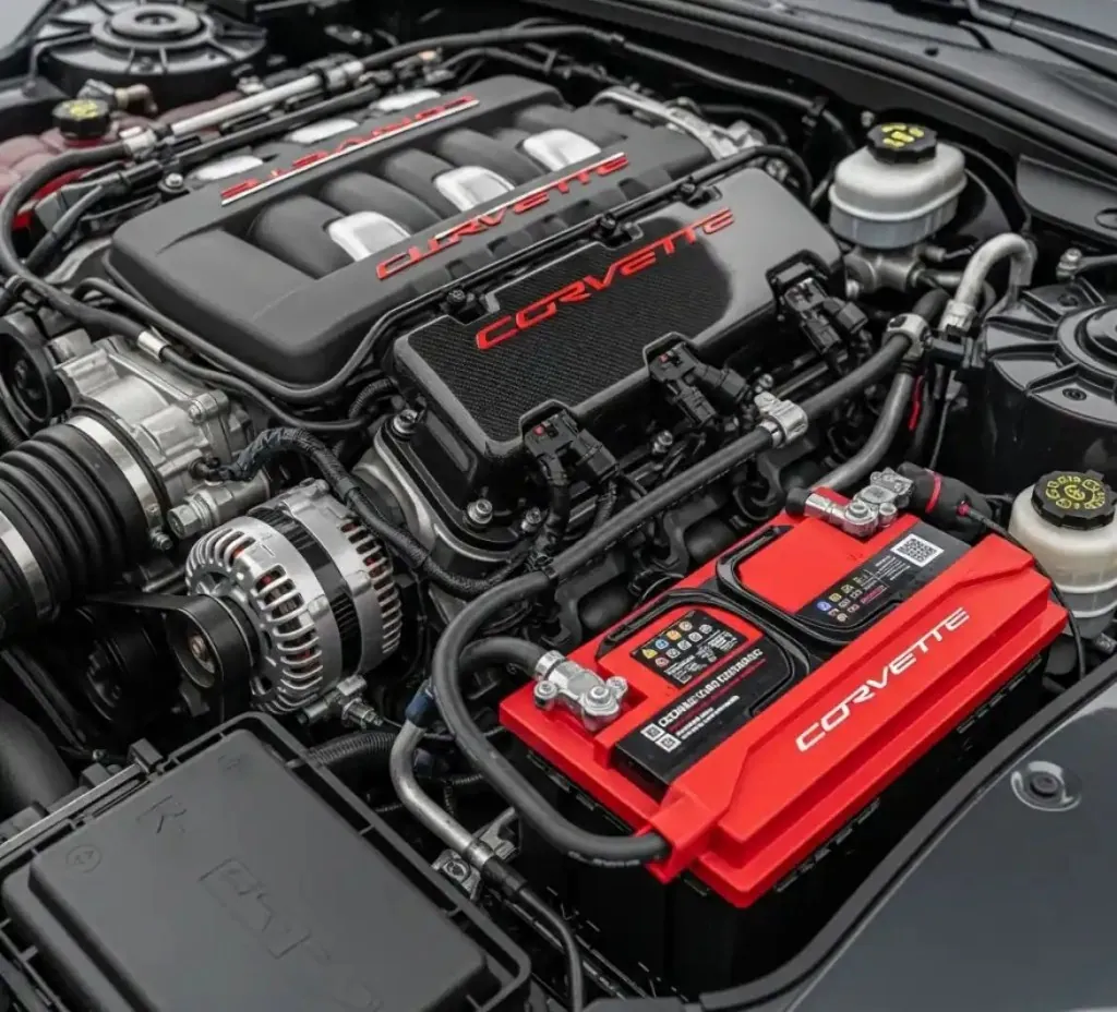 Getting to know the Corvette Corvette engine bay with its red battery