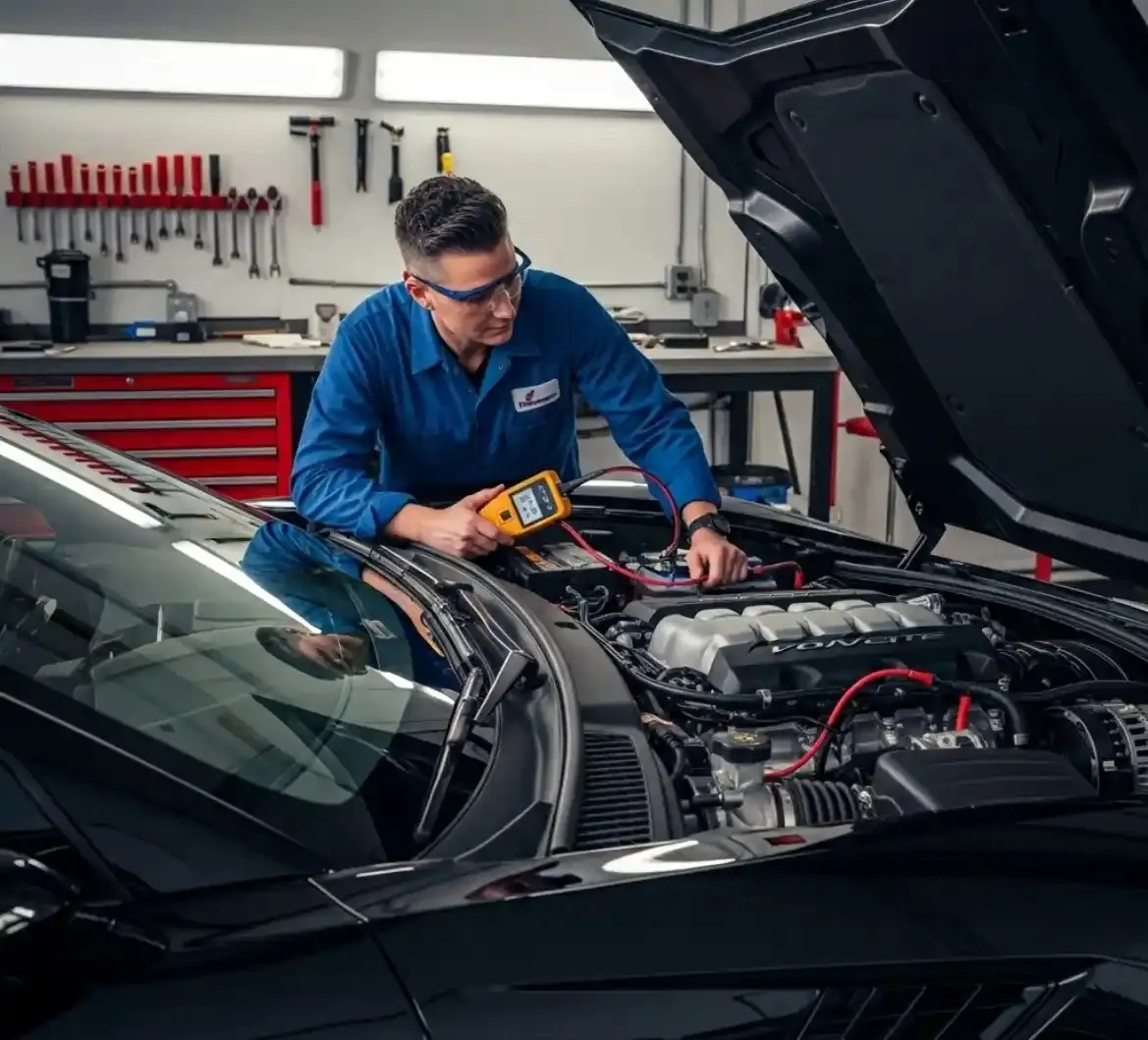 A Corvette battery under test Technician in safety glasses testing a Corvette battery