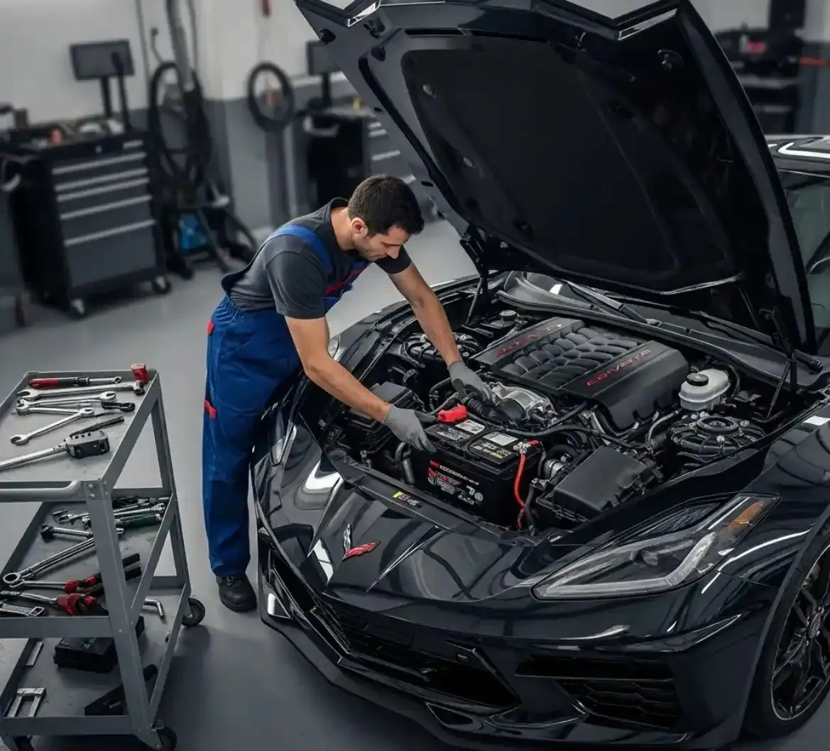 Care that Corvette owners expect Technician working on a black Corvette in a workshop