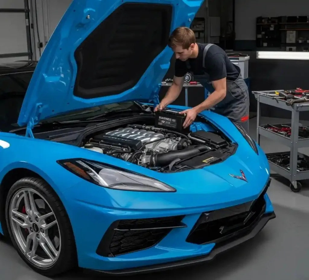 A Corvette looked after where it is parked Technician working on a blue Corvette