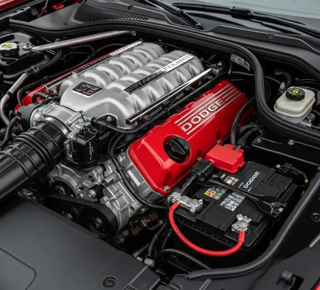 Dodge V8 engine bay with the battery beside it