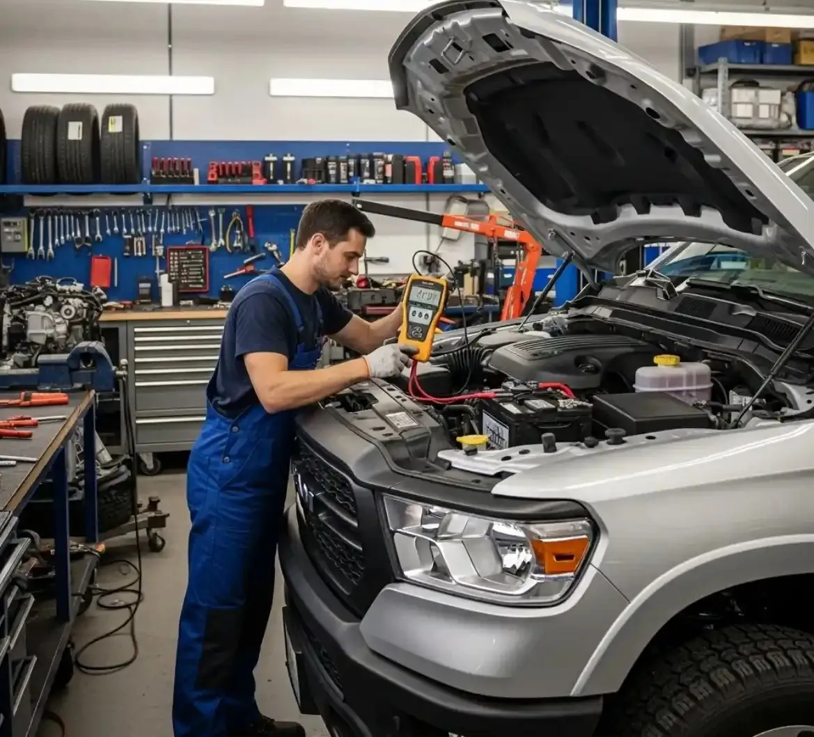 Technician testing a silver Dodge with a multimeter